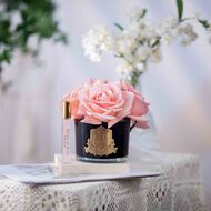 Home Diffuser Five Rose Cherry Pink in Black Glass with Gold Badge faces home diffuser five rose cherry pink in black glass with gold badge