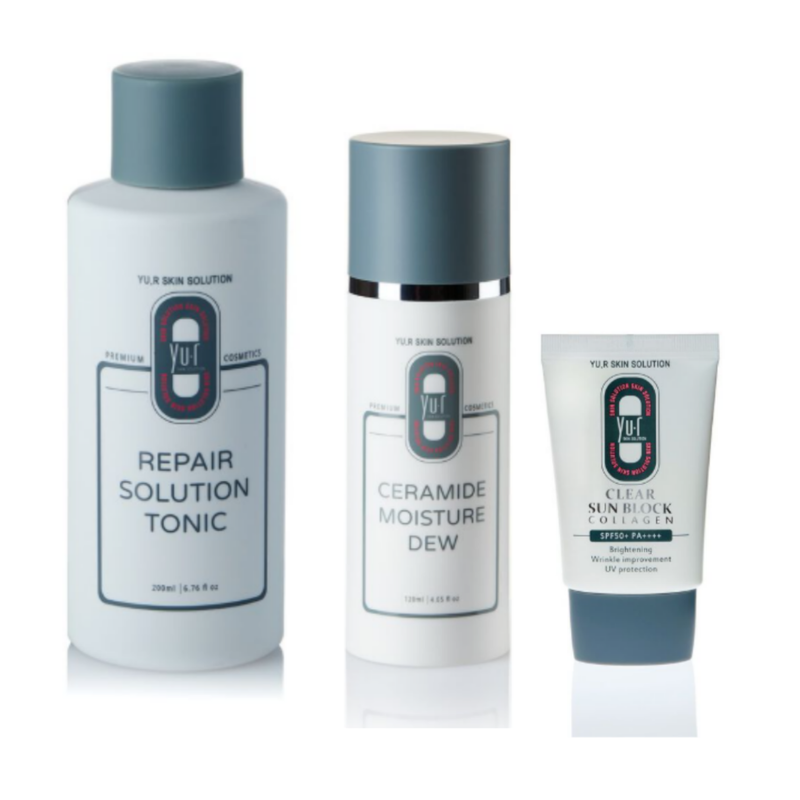 ceramide moisture dew x repair solution tonic x clear sun block collagen