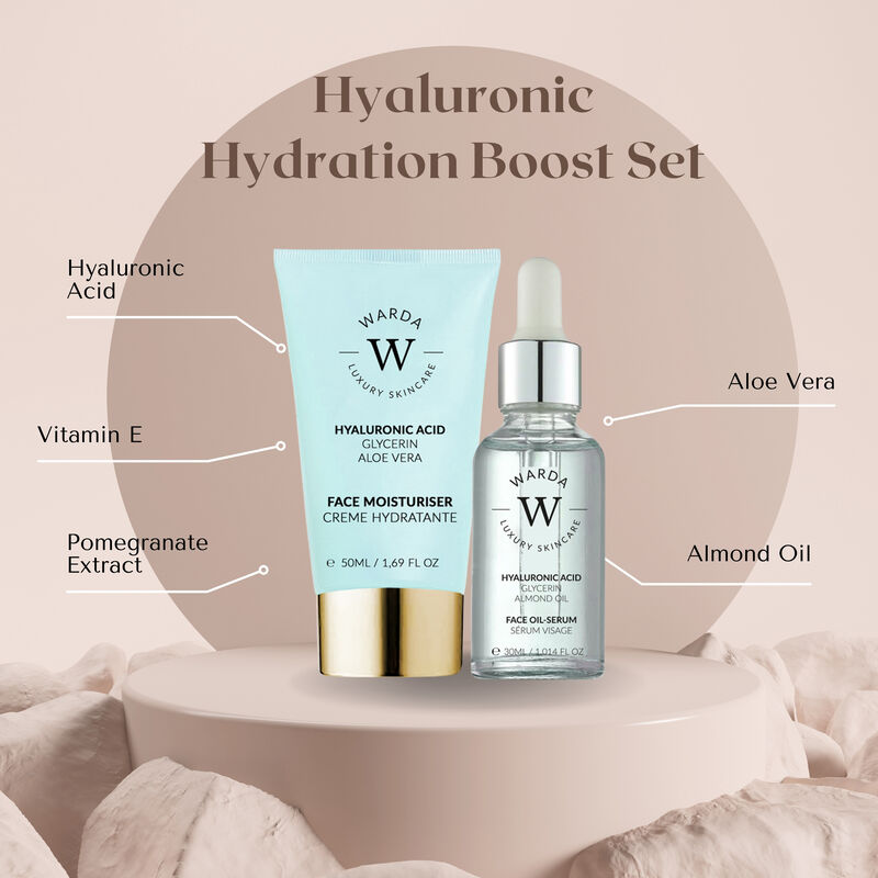 إرث سكين لندن skin hydration boost hyaluronic acid moisturiser 50ml + hyaluronic acid hydration boost oil serum 30ml
