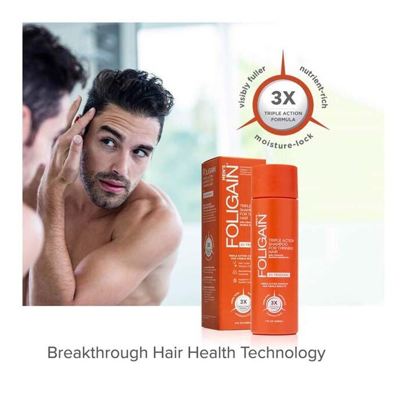 foligain triple action shampoo for thinning hair for men with 2% trioxidil