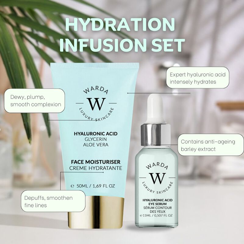 إرث سكين لندن skin hydration boost hyaluronic acid moisturiser 50ml + skin hydration boost hyaluronic acid eye serum 15ml