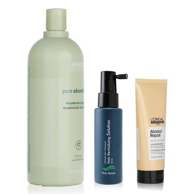 faces hair revitalizing solution   aveda volumizing shampoo   l oreal resurfacing conditioner