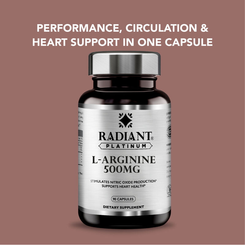 radiant platinum larginine 500mg, nitric oxide booster, heart health & muscle recovery support