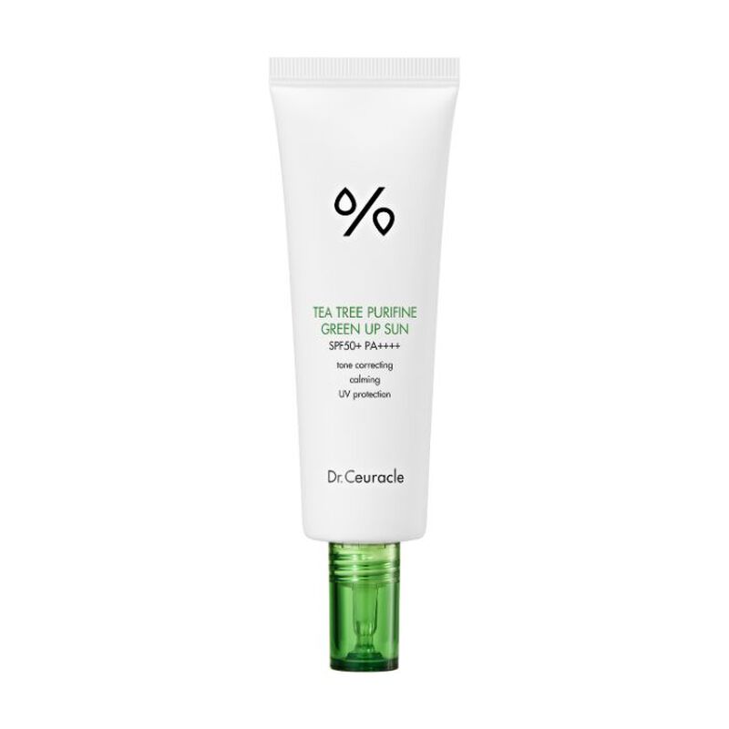 dr. ceuracle tea tree purifine green up sun (spf50+) calming sunscreen and makeup base