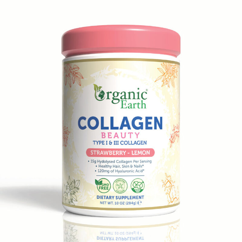 organic earth collagen beauty strawberrylemon, hydrolysed collagen with hyaluronic acid and vitamin c