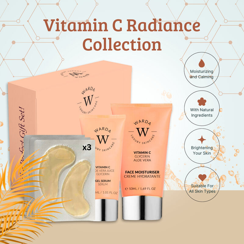 erthskin london skin glow boost vitamin c moisturiser 50ml + skin glow boost vitamin c gel serum 30ml + vitamin c undereye brightening hydro gel eyepads x 3