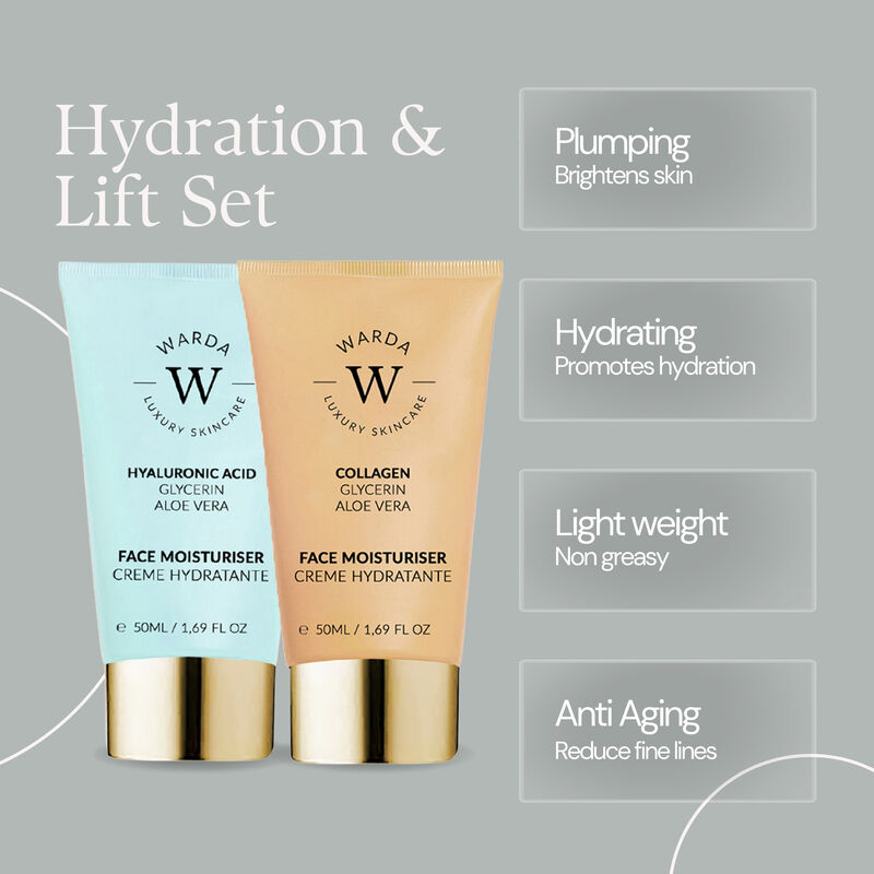 إرث سكين لندن skin hydration boost hyaluronic acid moisturiser 50ml + skin lifter boost collagen moisturiser 50ml