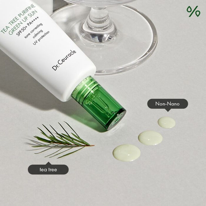 dr. ceuracle tea tree purifine green up sun (spf50+) calming sunscreen and makeup base