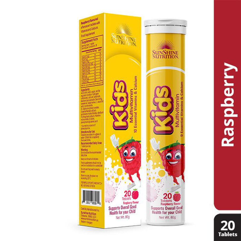 sunshine nutrition kids multivitamin raspberry flavor effervescent tablets