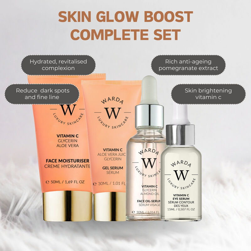 إرث سكين لندن skin glow boost vitamin c moisturiser 50m + vitamin c glow boost oilserum 30ml + skin glow boost vitamin c gel serum 30ml + skin glow boost vitamin c eye serum 15ml