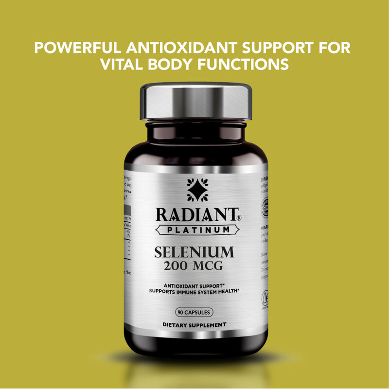 radiant platinum selenium 200mcg, antioxidant support, thyroid function, and immune health supplement