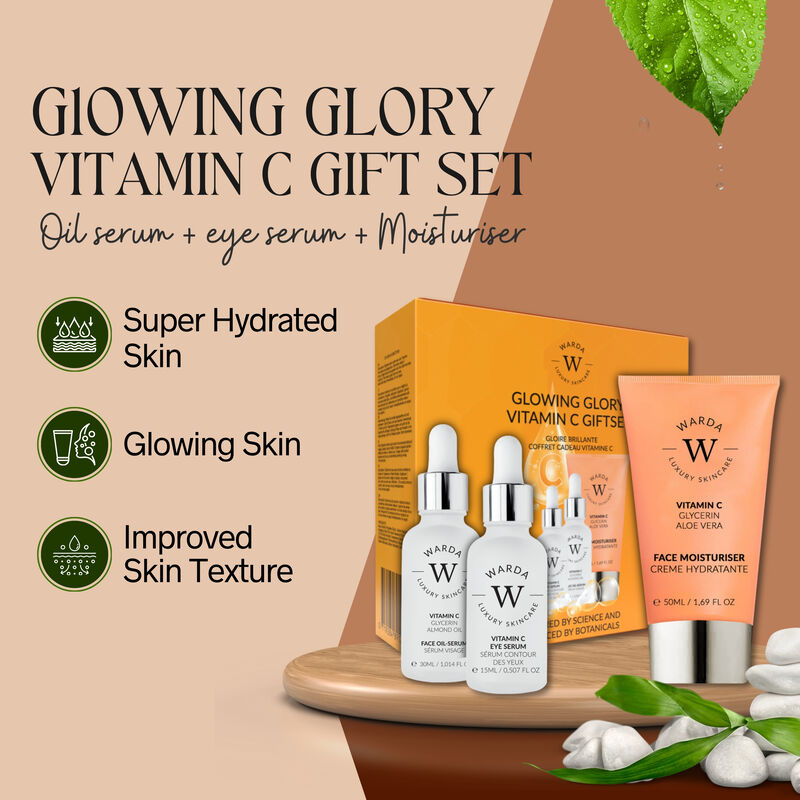 إرث سكين لندن warda glowing glory vitamin c gift set ( oil serum + eye serum + moisturiser )