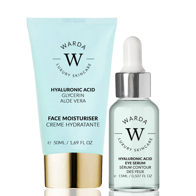 إرث سكين لندن skin hydration boost hyaluronic acid moisturiser 50ml + skin hydration boost hyaluronic acid eye serum 15ml