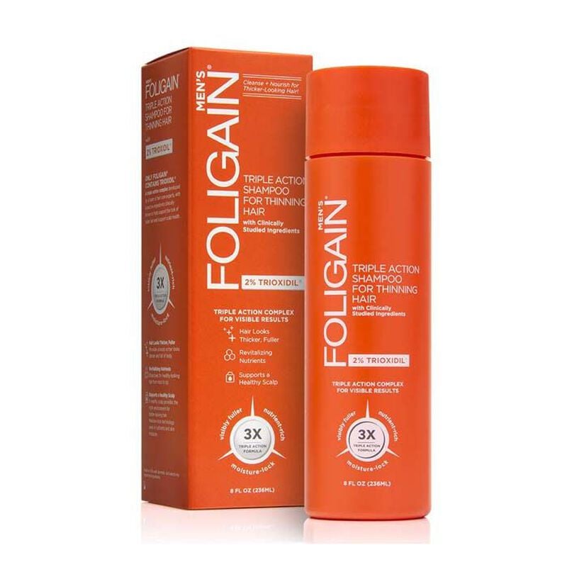 foligain triple action shampoo for thinning hair for men with 2% trioxidil